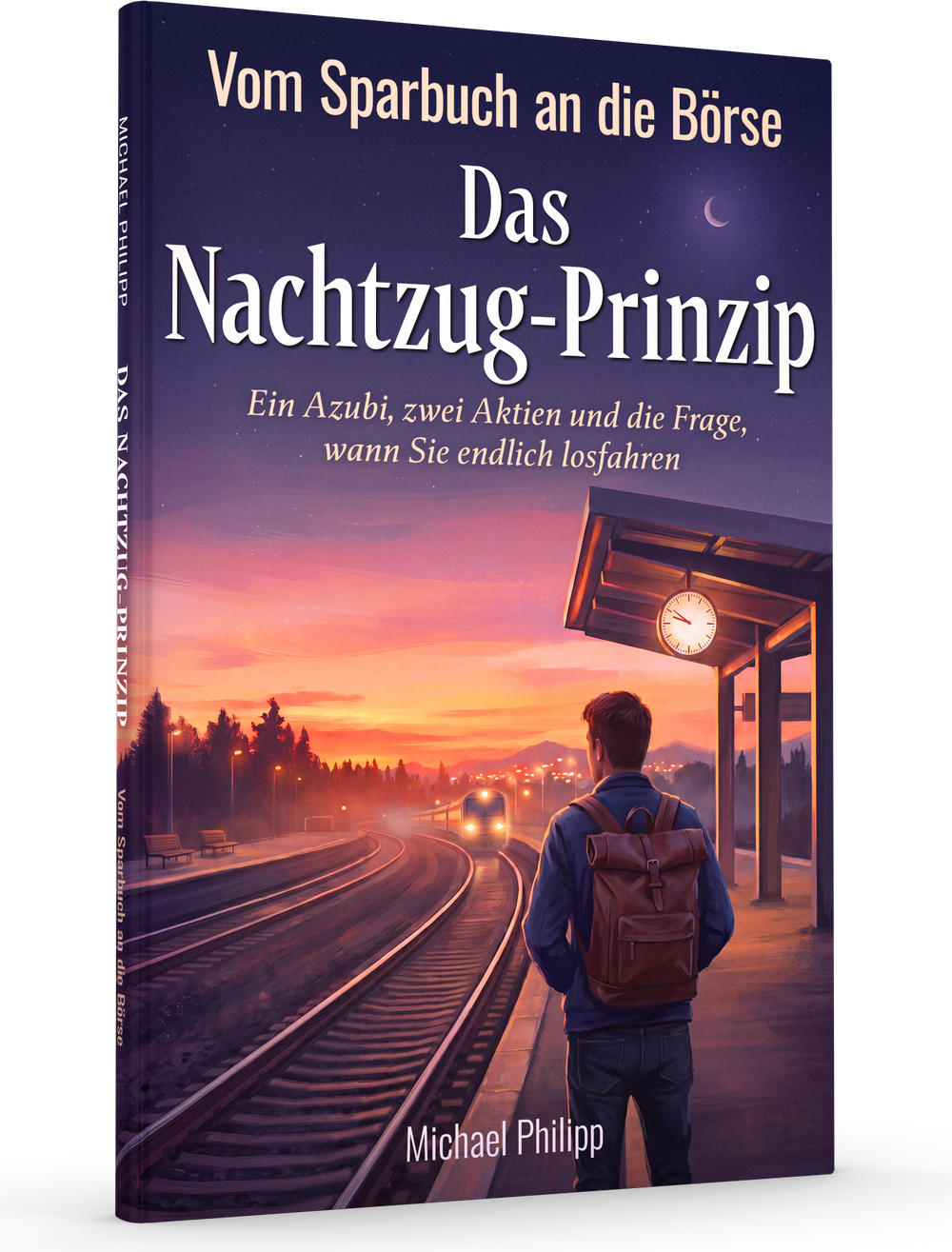 Buchcover: Das Nachtzug-Prinzip von Michael Philipp. Ein junger Mann mit Rucksack steht auf einem Bahnsteig, vor ihm fährt bei Sonnenuntergang ein Zug ein.